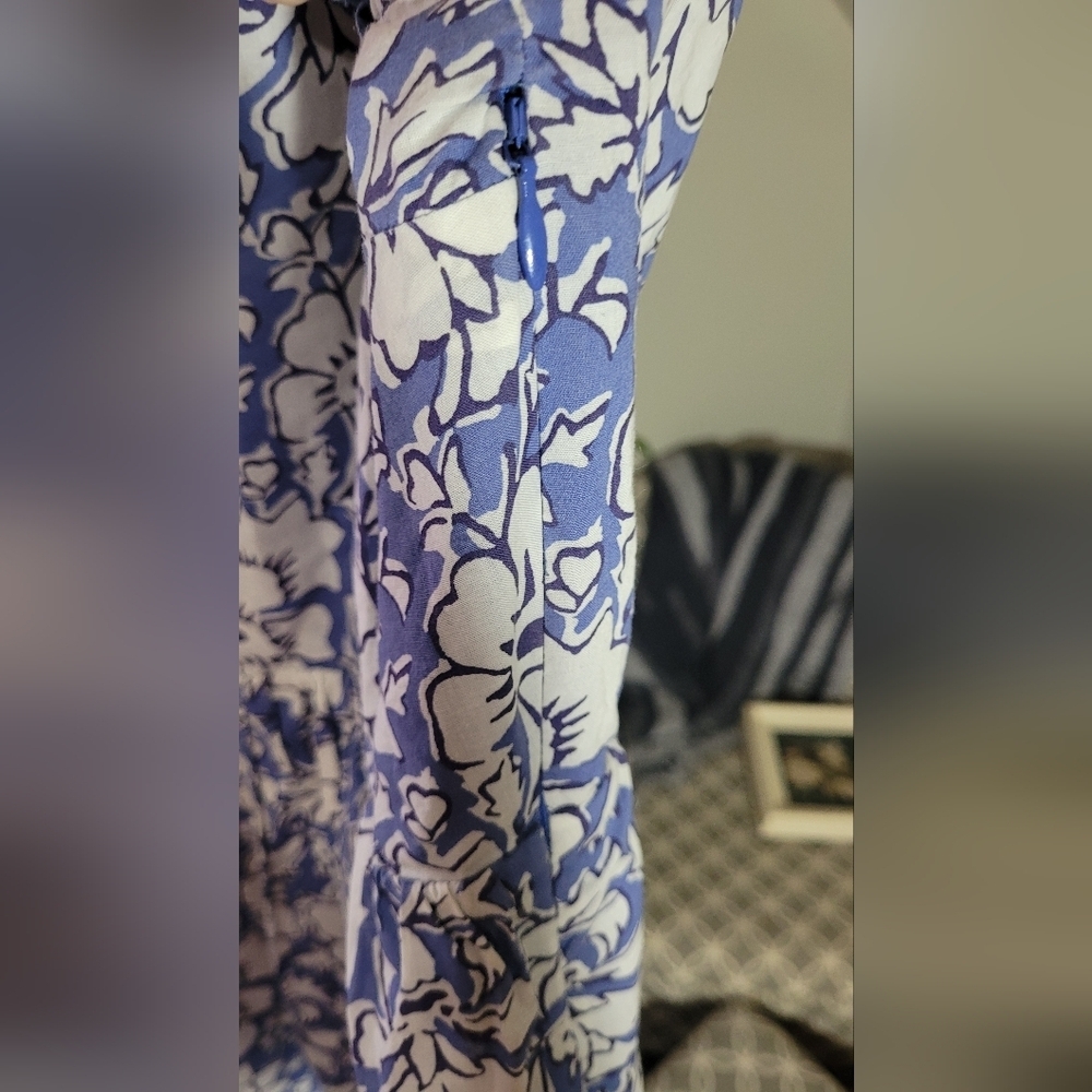 J. Crew Blue and White Cotton Floral Ruffle Sleeve Dress with pockets Size 8 - Picture 4 of 6